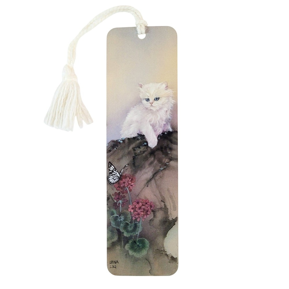 Vintage 80s fluffy white Cat & Butterfly- Lena Liu- 1980s, Quality Artworks LL29